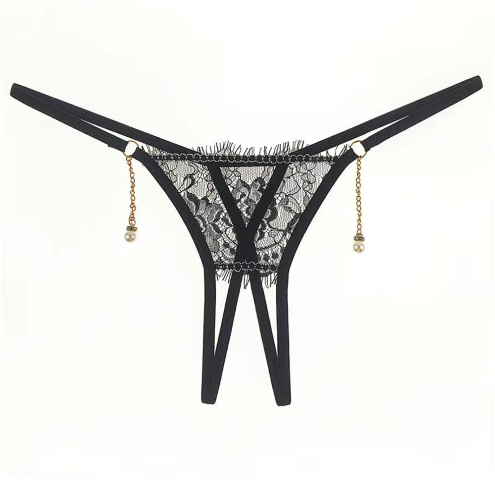 Women Low Rise Lace Thong Panties, Pearl Tassel Chain Hollow Sexy Lingerie